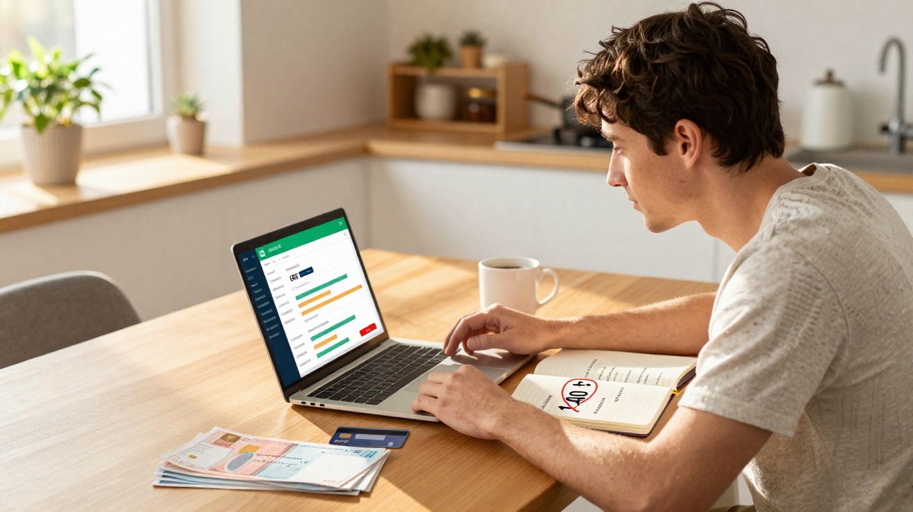 Jovem a gerir finanças pessoais no computador portátil, com documentos, cartão e caderno na mesa da cozinha.