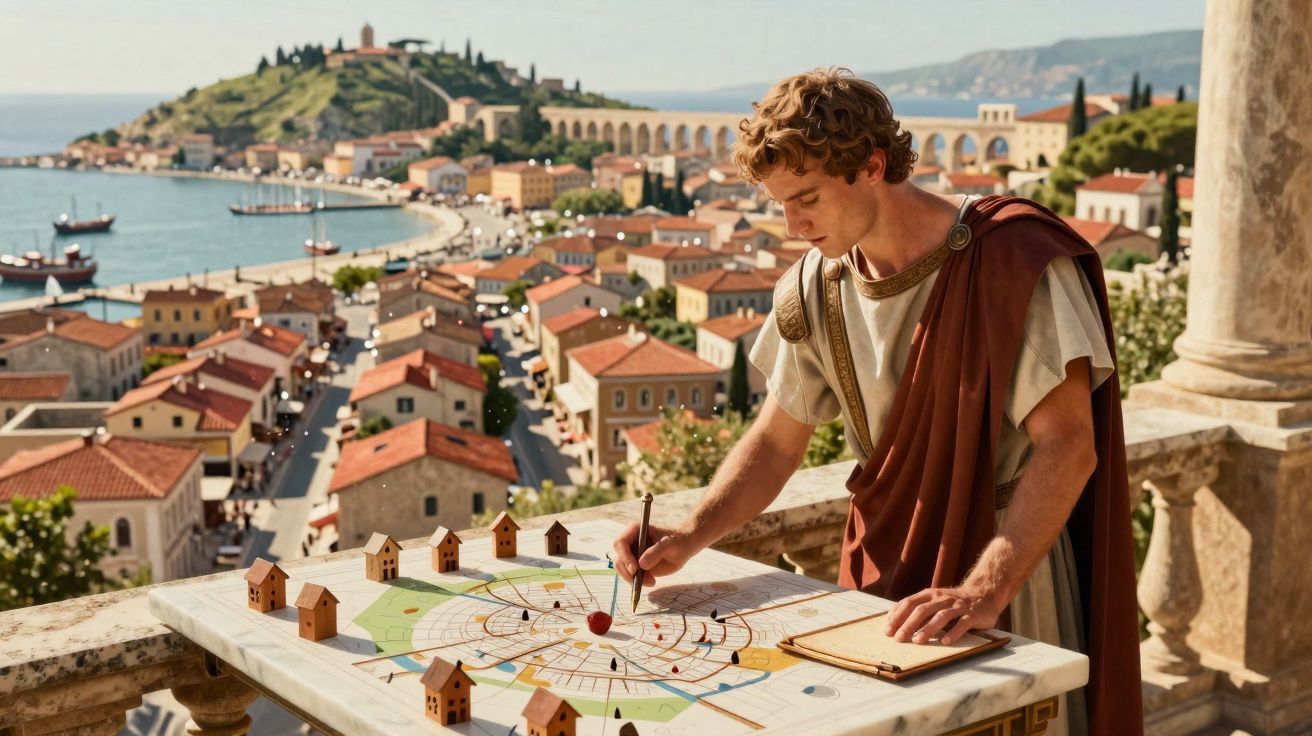 Homem jovem em traje romano planeia modelo de cidade antiga num terraço com vista para vila costeira.