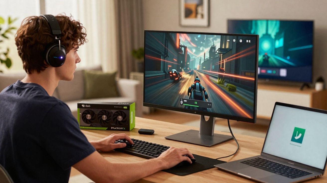 Jovem a jogar videojogo de corrida num computador com auscultadores, numa sala moderna e bem iluminada.