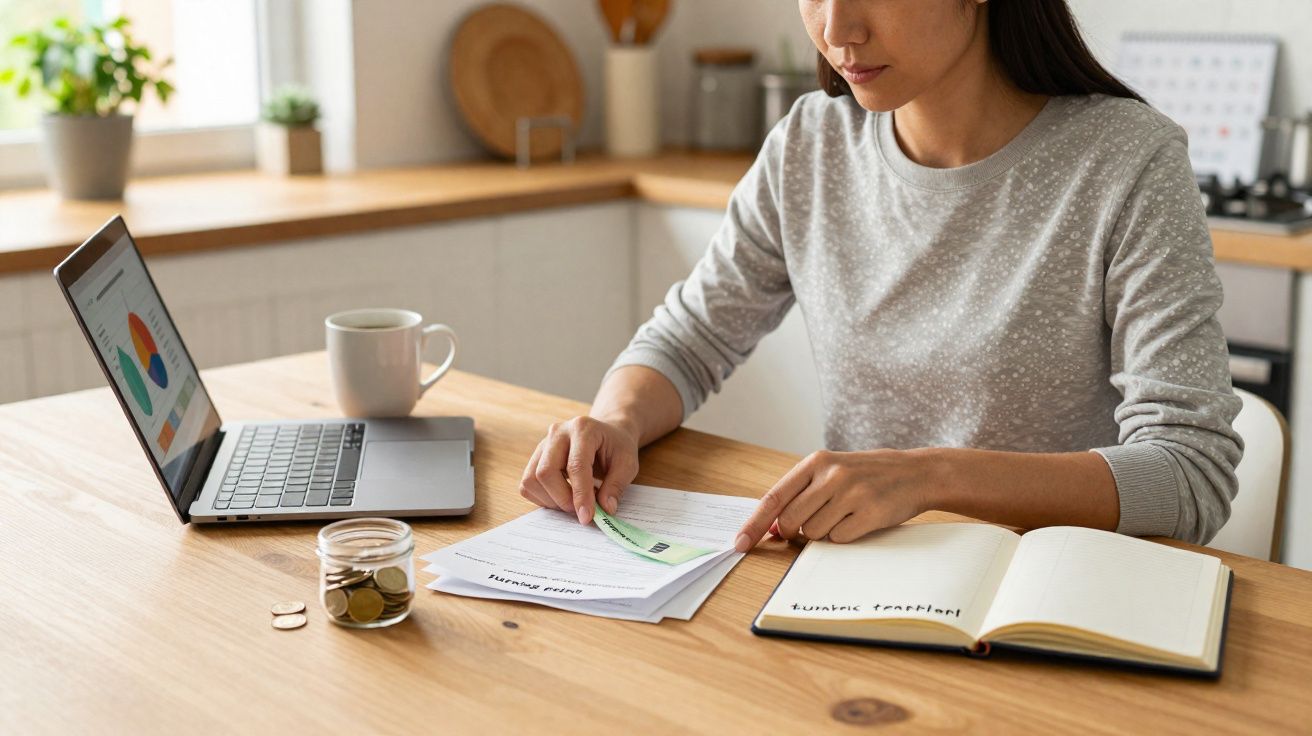 Mulher sentada à mesa a analisar documentos financeiros com laptop e caderno numa cozinha moderna.