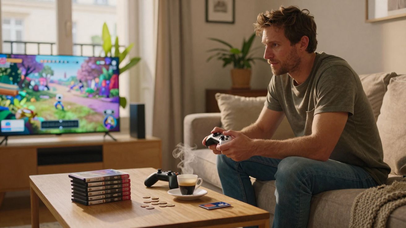 Homem sentado no sofá a jogar videojogo com comando, frente a uma televisão e uma mesa de centro com café e moedas.