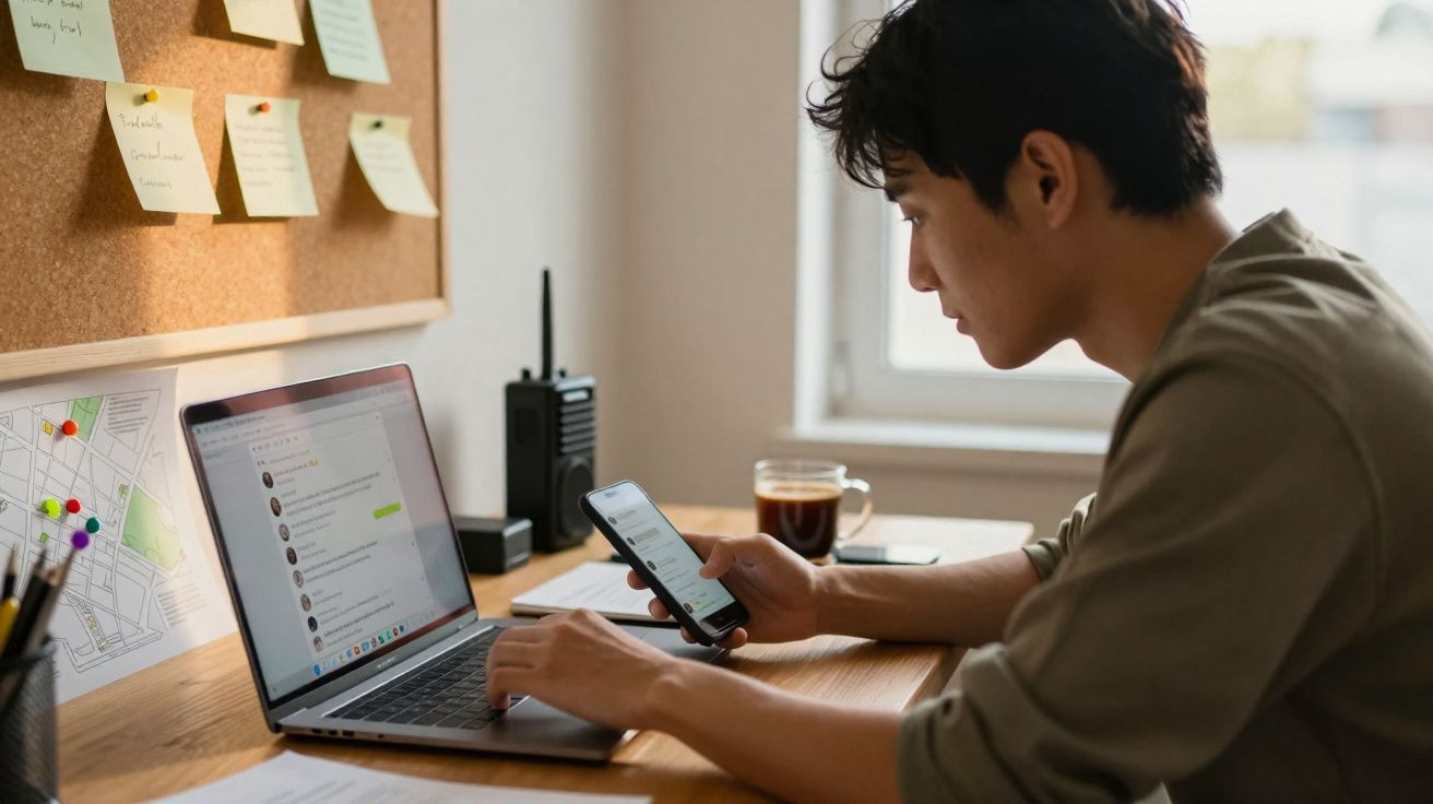 Homem a trabalhar num computador portátil enquanto consulta o telemóvel numa secretária com notas e café.