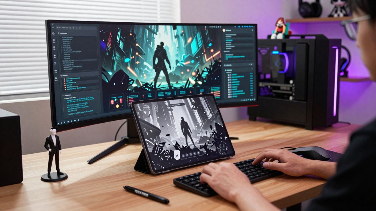 Pessoa a trabalhar num computador com ecrã grande e tablet, ambos a mostrar imagens de um personagem digital.