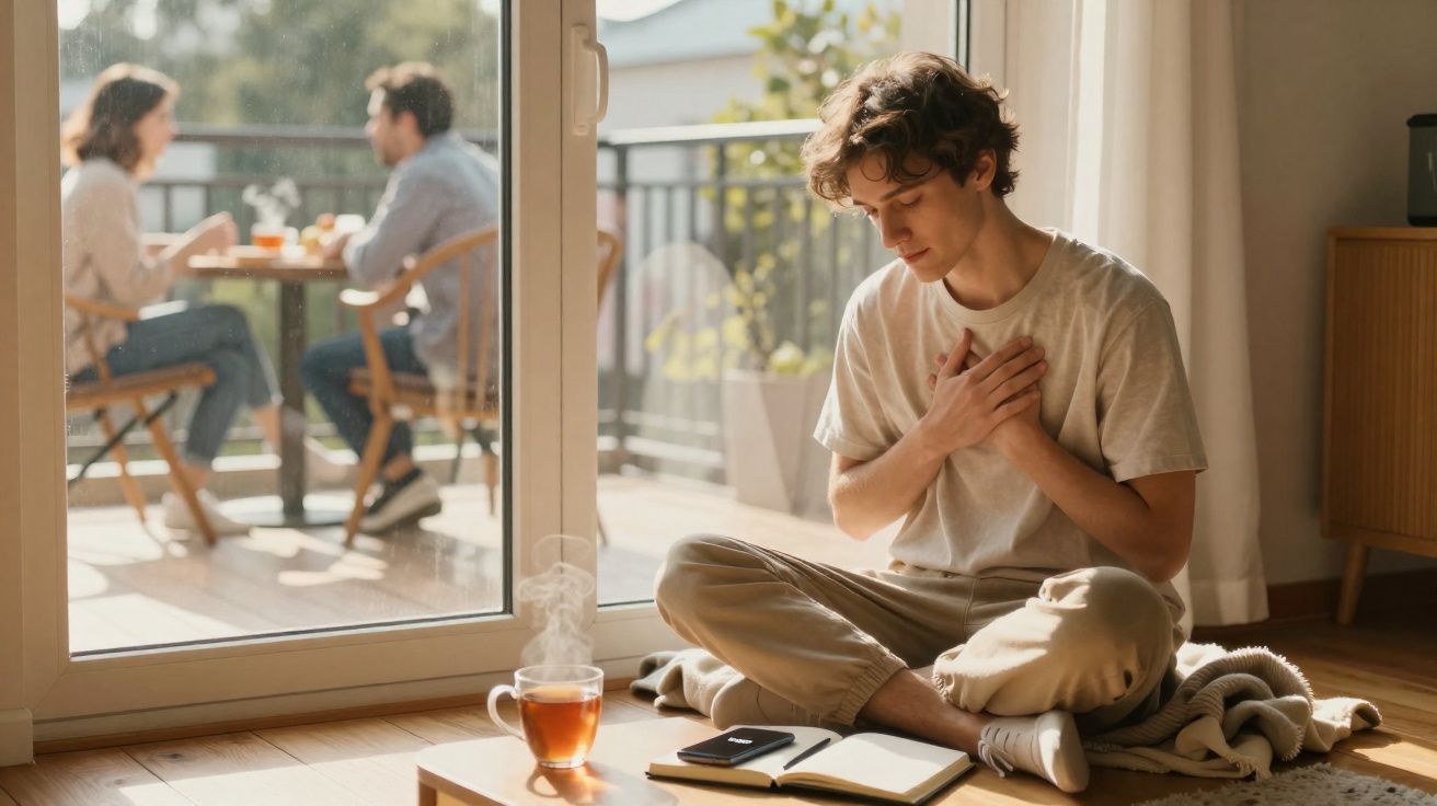 Jovem sentado no chão a meditar com mãos no peito, chá quente e livro aberto à sua frente, casal ao fundo na varanda.