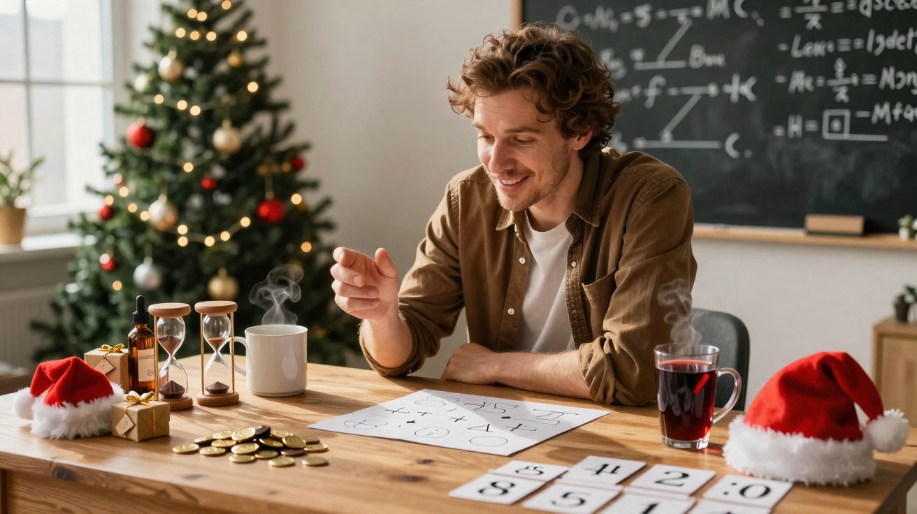 Homem sorridente a resolver puzzle em mesa com decoração natalícia e árvore de Natal ao fundo.