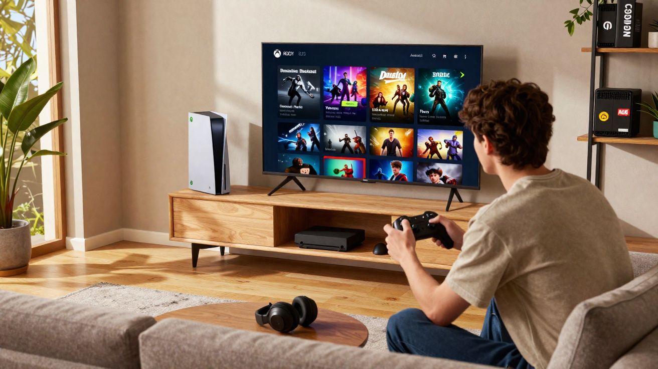 Jovem sentado em sofá a jogar videojogos numa consola com ecrã de TV a mostrar menus de jogos.