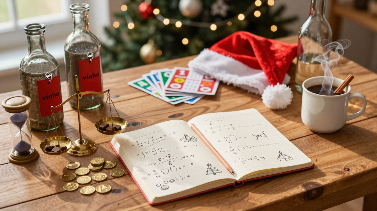 Mesa de madeira com caderno de anotações, moedas, copos de vinho, chá com canela e gorro de Natal.
