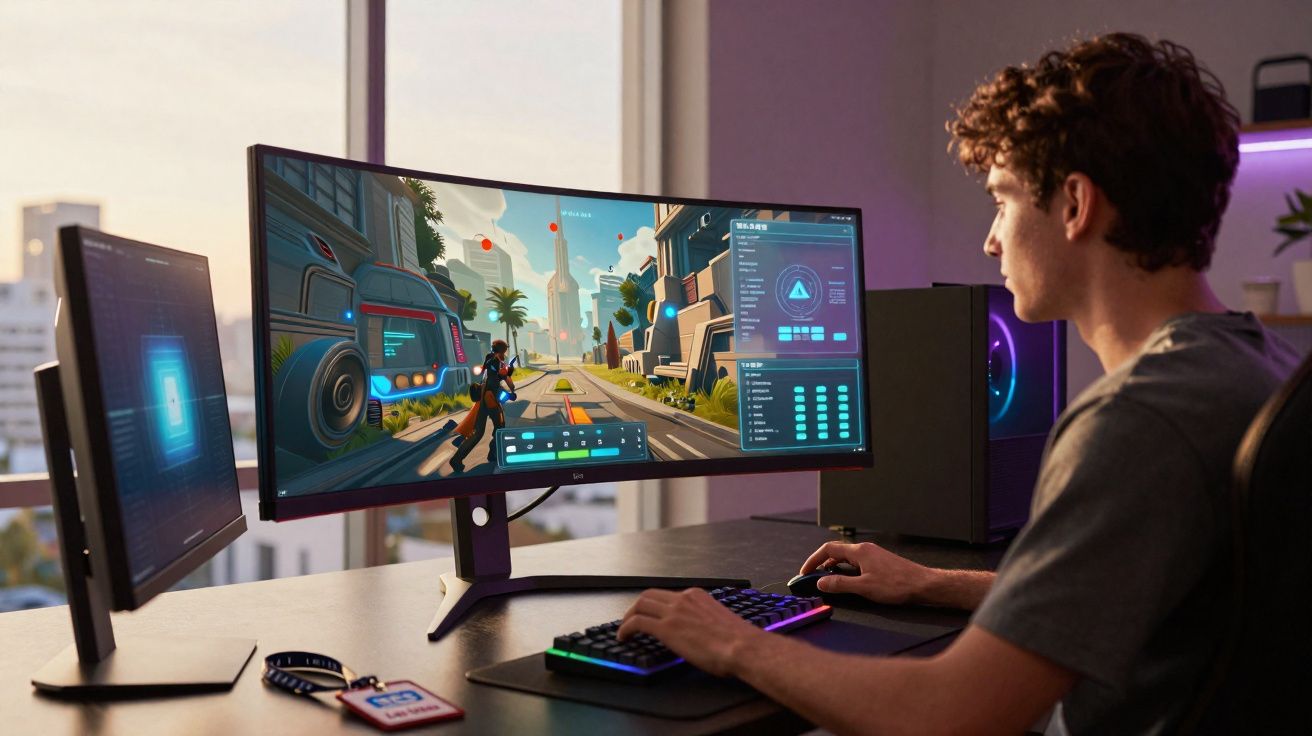 Jovem a jogar videojogo de ação futurista num setup com ecrãs panorâmico e secundário num ambiente moderno.