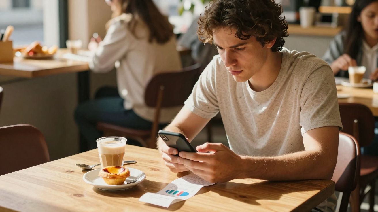 Jovem sentado num café, focado no telemóvel, com uma bebida e pastel na mesa à sua frente.