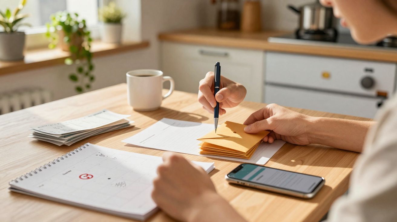 Pessoa a escrever em notas adesivas numa mesa com agenda, telemóvel, caneca e papéis espalhados.