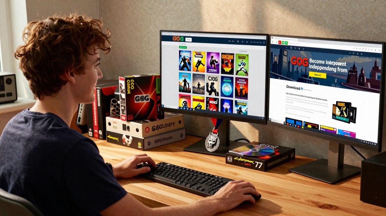 Jovem sentado numa secretária a usar computador com dois monitores e website de videojogos aberto.