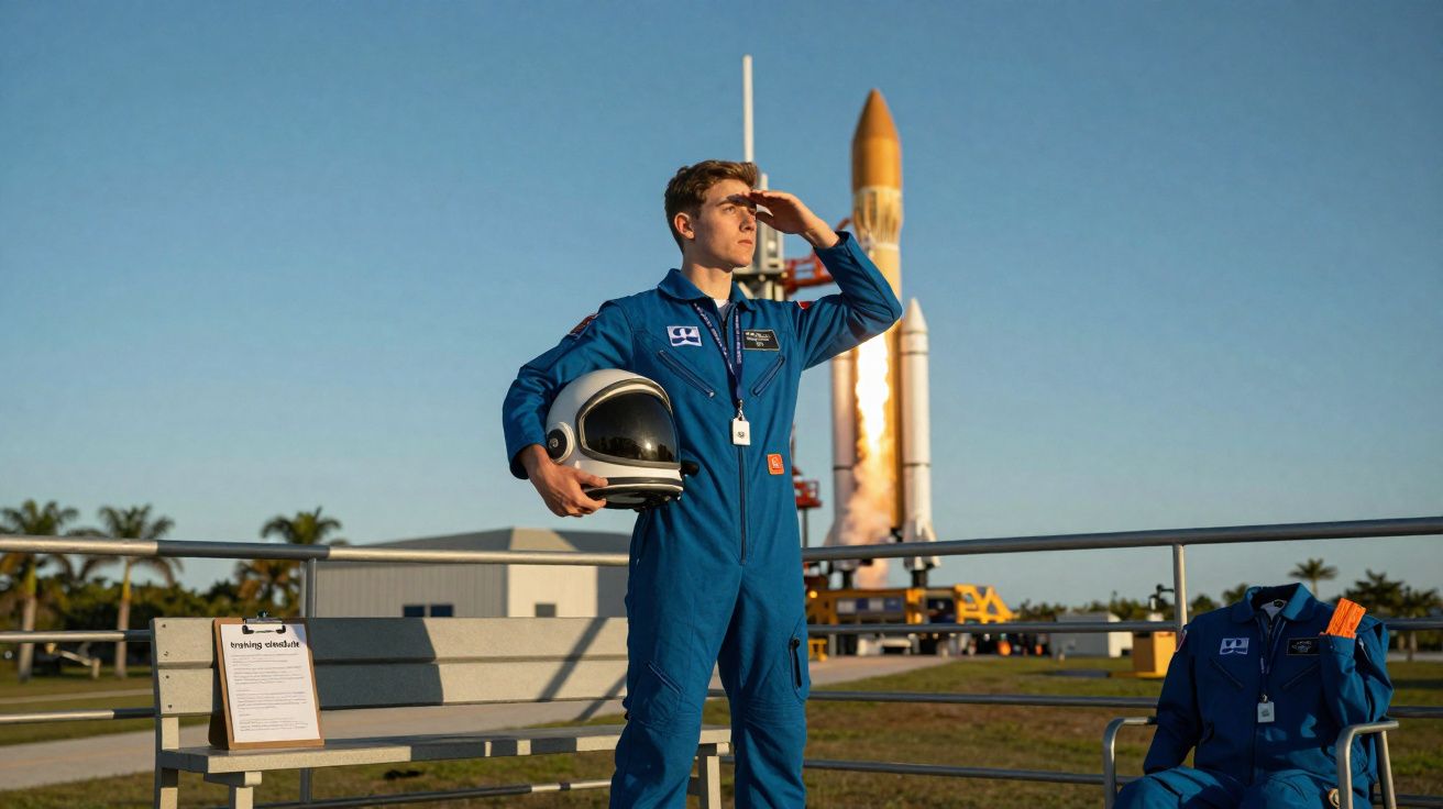 Jovem astronauta com fato azul e capacete na mão observa um foguetão a ser lançado ao fundo.
