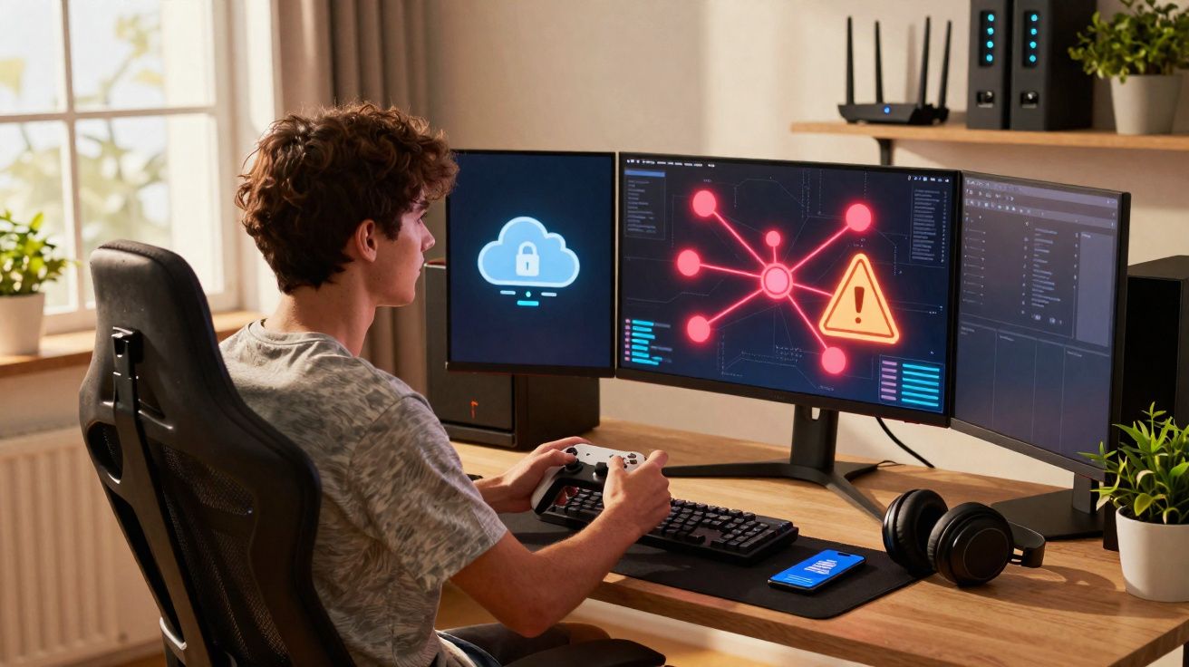 Jovem a monitorizar alerta de segurança informática em três ecrãs num ambiente de escritório doméstico.