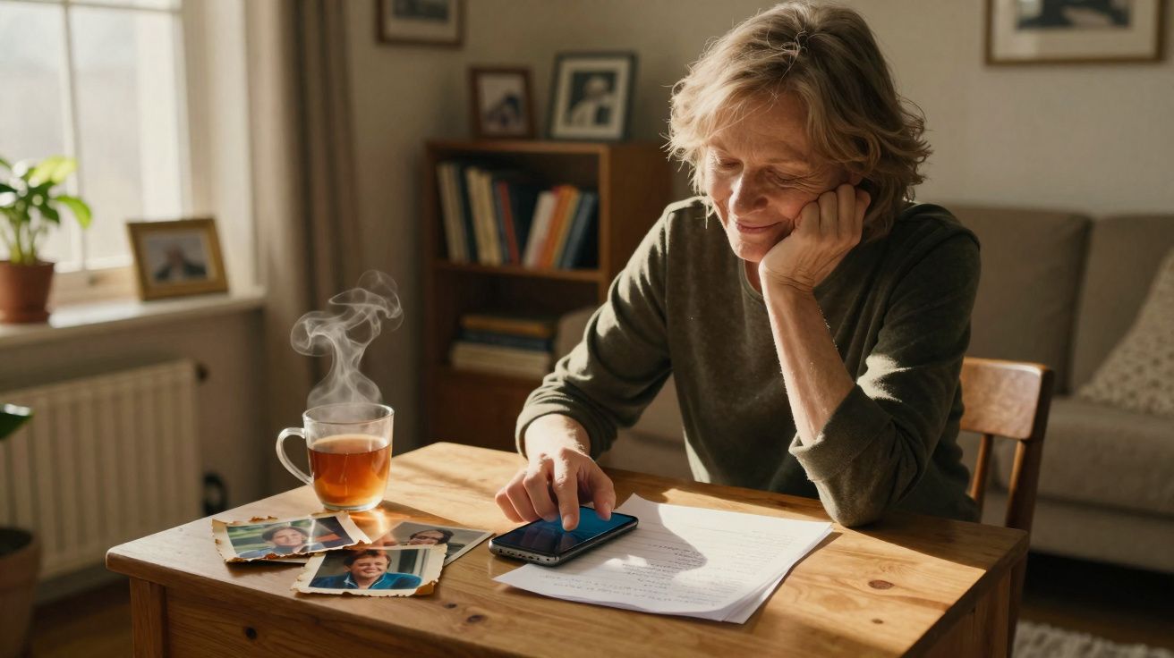 Mulher sentada à mesa a olhar para o telemóvel, com fotografias e chá quente na mesa iluminada pelo sol.