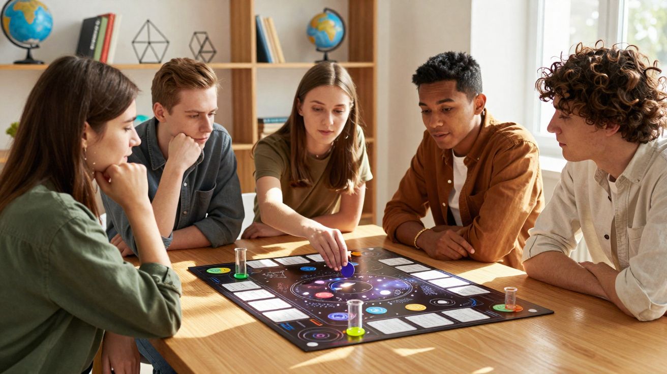 Cinco jovens a jogar um jogo de tabuleiro com tema espacial numa mesa de madeira junto a uma janela.