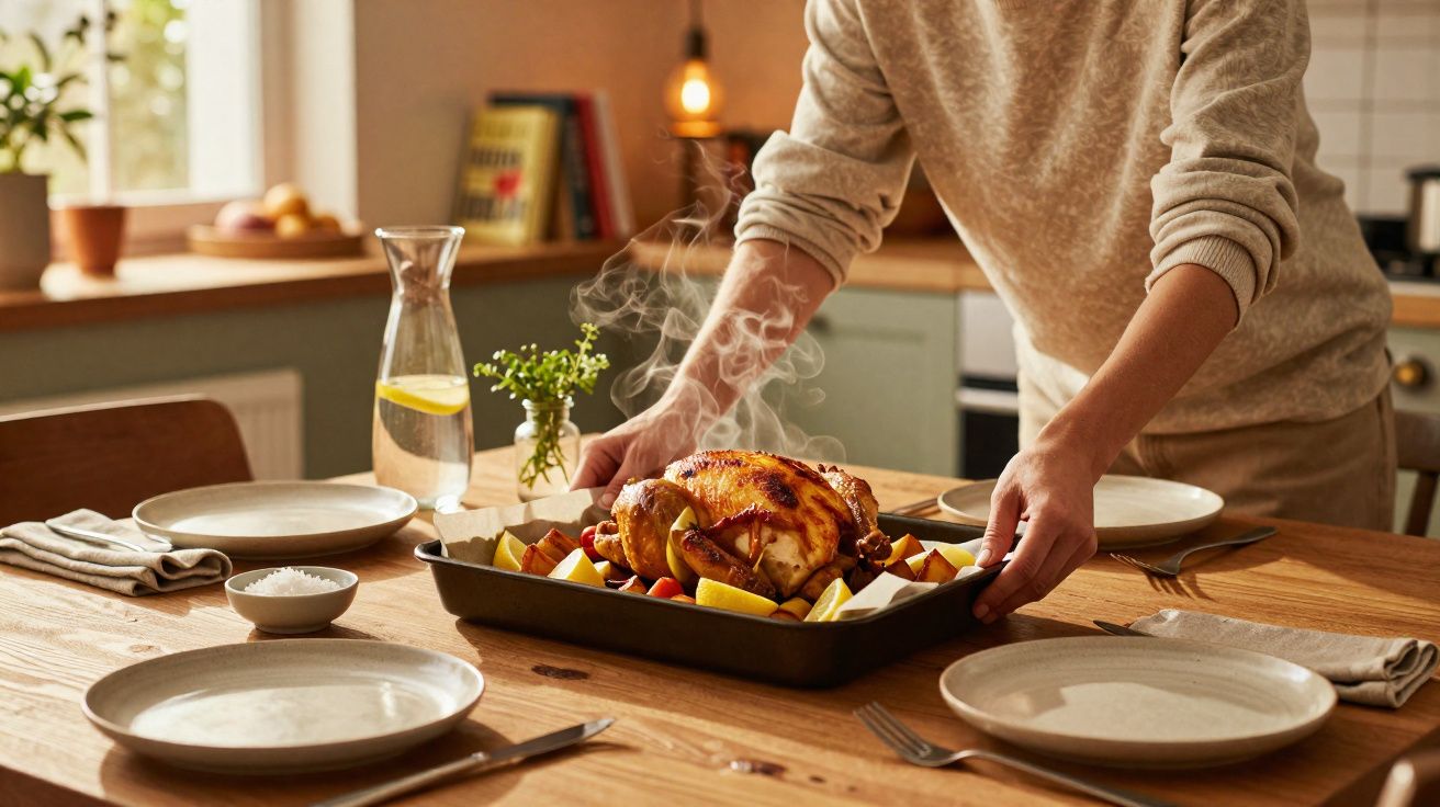 Pessoa a colocar frango assado fumegante com legumes e limão numa mesa de jantar posta.