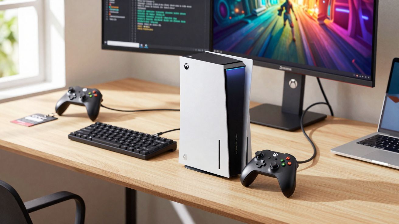 Consola Xbox Series S com comandos, teclado, monitor e portátil numa secretária de madeira clara.