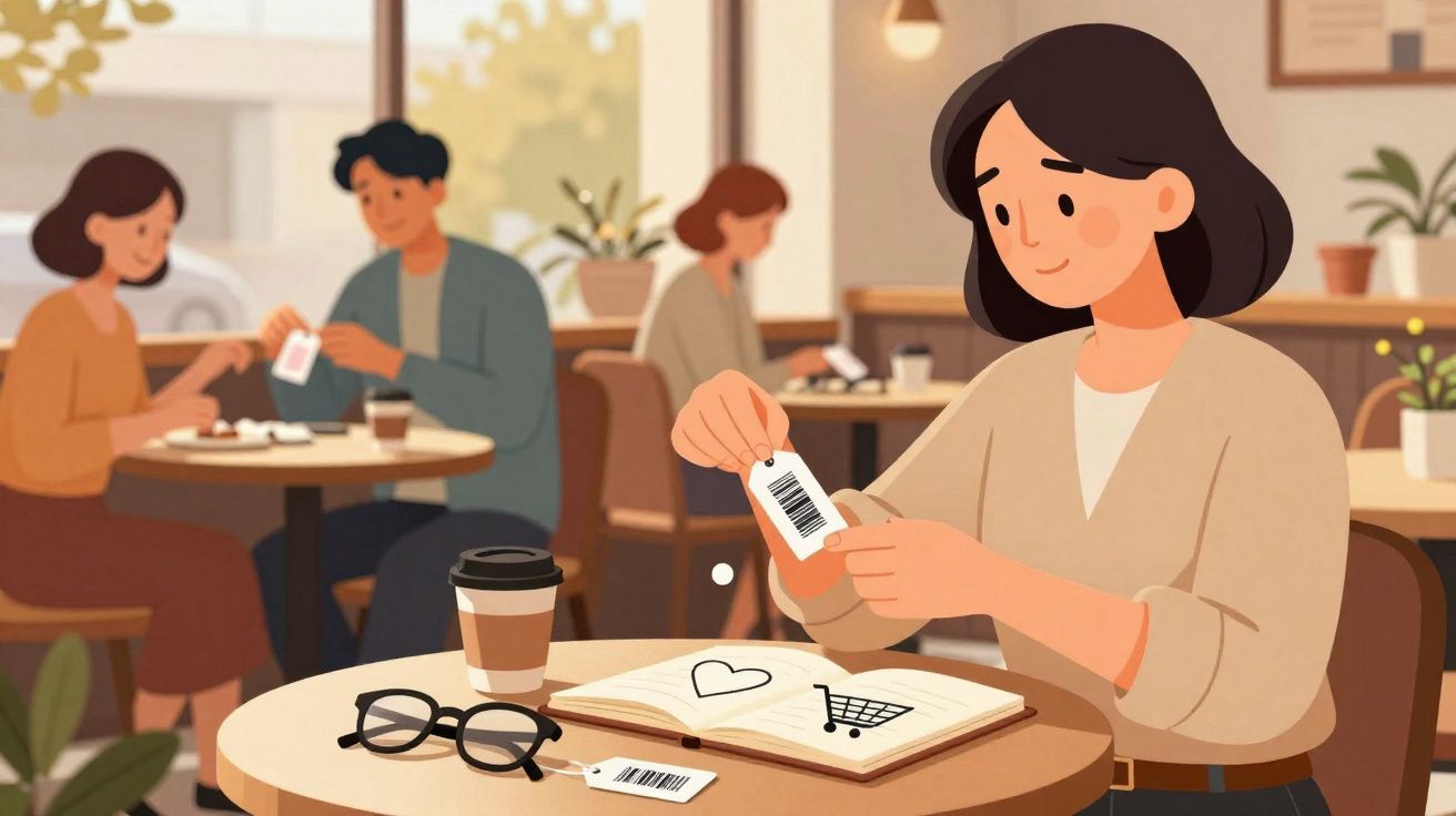 Mulher a ler código de barras em etiqueta numa mesa de café com livro, óculos e chávena.