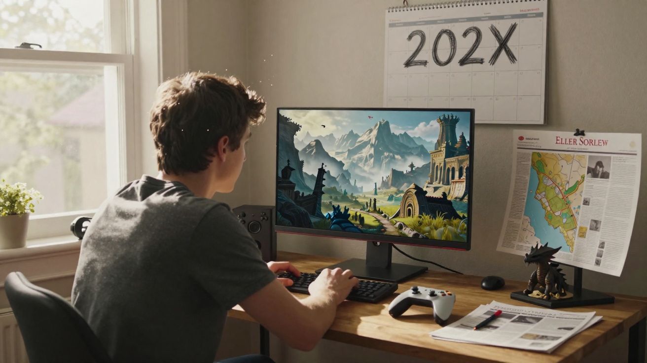 Jovem sentado a jogar videojogo de fantasia num computador com calendário e mapa na parede.