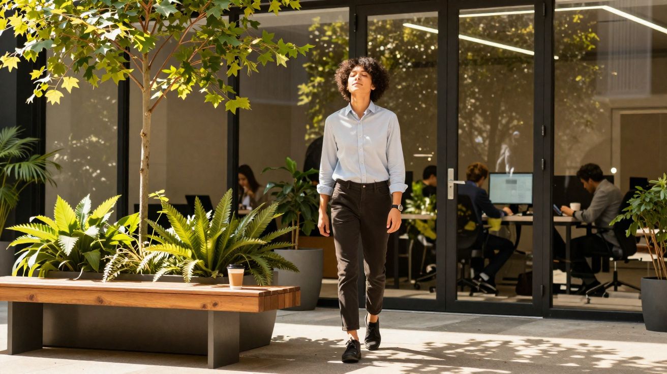 Pessoa a caminhar numa área exterior de escritório com plantas e colegas a trabalhar ao fundo.