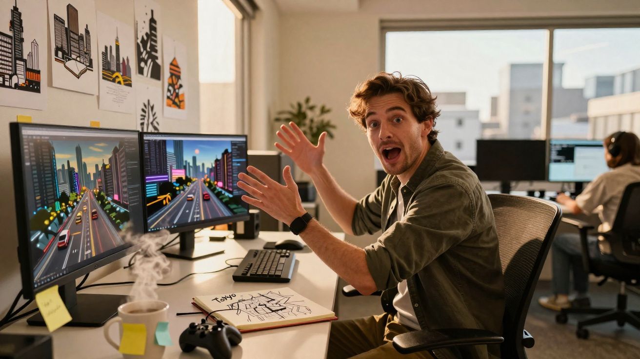 Homem entusiasmado a trabalhar na criação de videojogo de cidade futurista com dois ecrãs no escritório moderno.