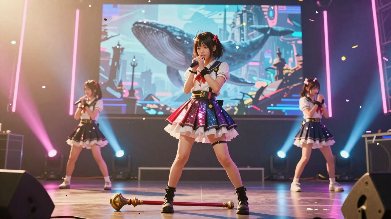 Trio de jovens cantoras em palco colorido com fundo digital de baleia azul e luzes rosas e azuis.