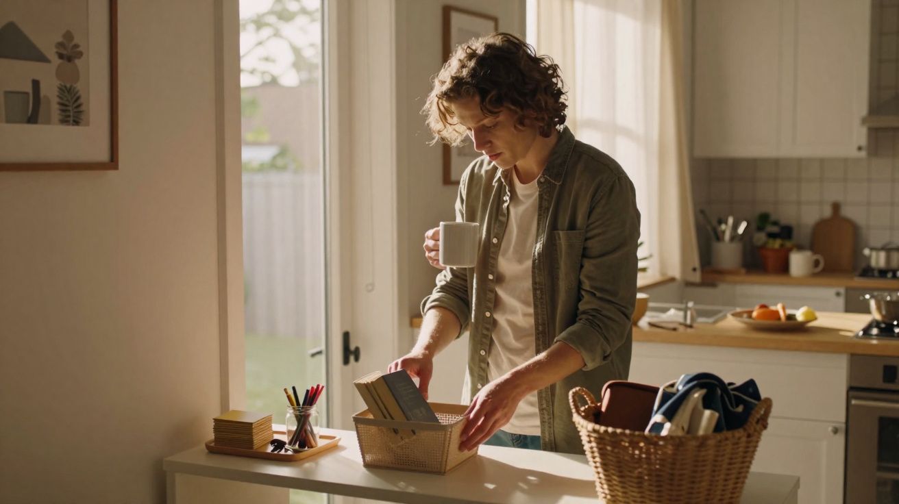 Homem com chá na mão organiza livros numa cesta numa cozinha luminosa e acolhedora.