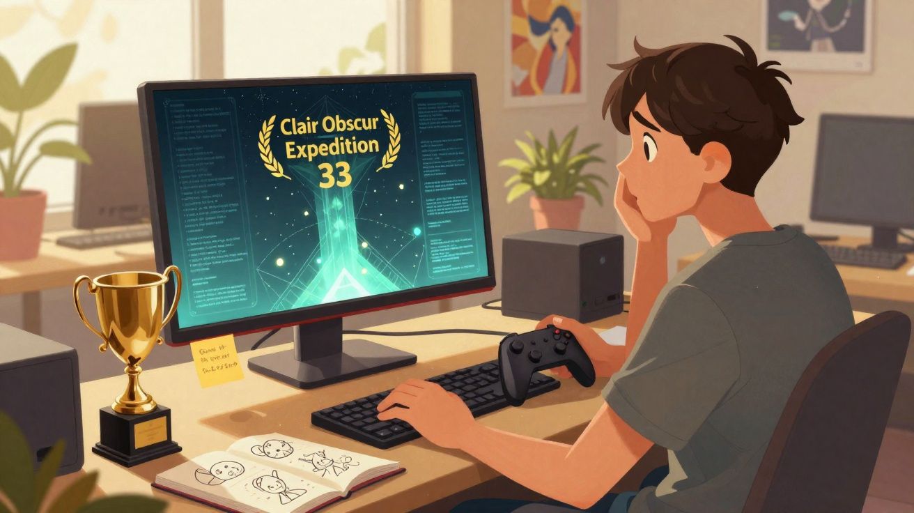 Jovem sentado numa secretária a jogar videojogos com monitor a mostrar "Clair Obscur Expedition 33".