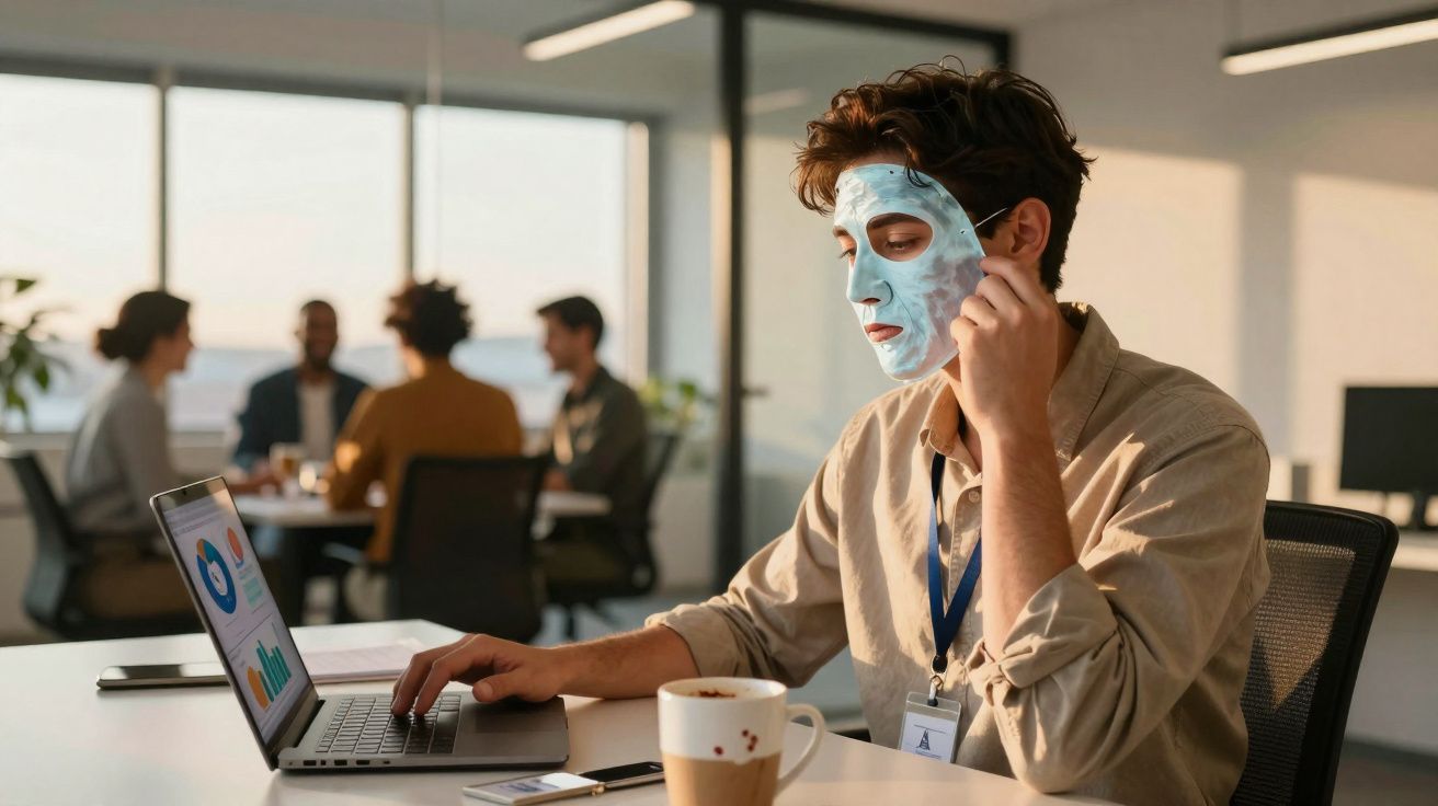 Jovem com máscara facial azul a trabalhar num computador portátil num escritório moderno com colegas ao fundo.