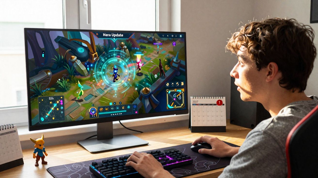 Pessoa a jogar videojogo no computador com personagens coloridas numa mesa organizada com calendário e figura.