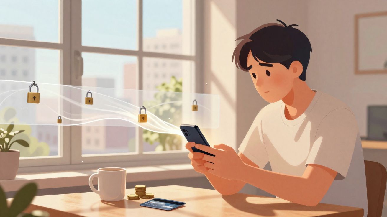 Jovem sentado à mesa usa telemóvel com cadeados digitais simbolizando segurança online.