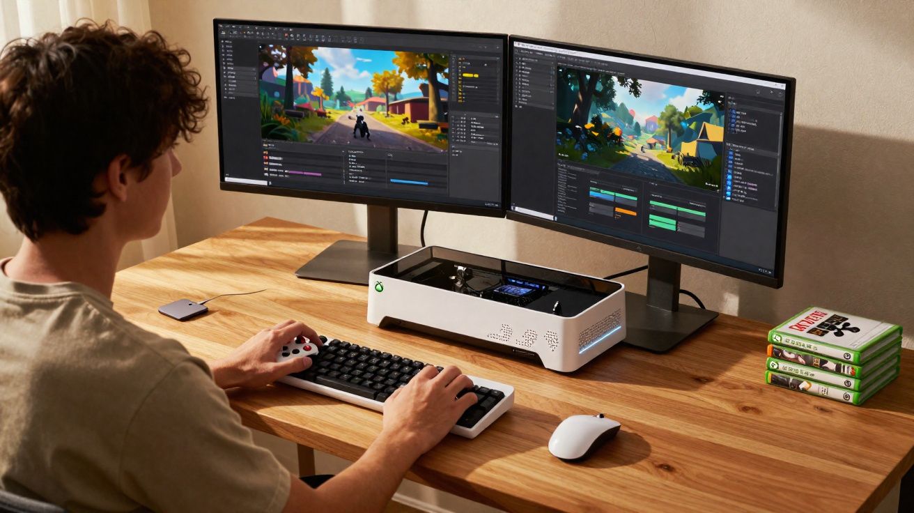 Pessoa a programar videojogos em ambiente de desenvolvimento com dois ecrãs num computador moderno numa secretária de madeira