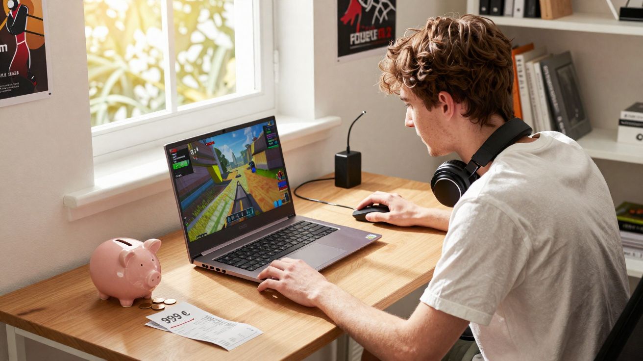 Jovem sentado numa secretária a jogar num computador portátil, com auscultadores no pescoço e mealheiro ao lado.