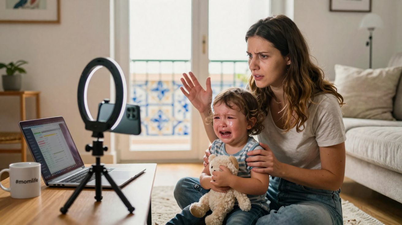 Mãe preocupada tenta acalmar filho pequeno que chora, sentados no chão da sala junto a um computador e ring light.