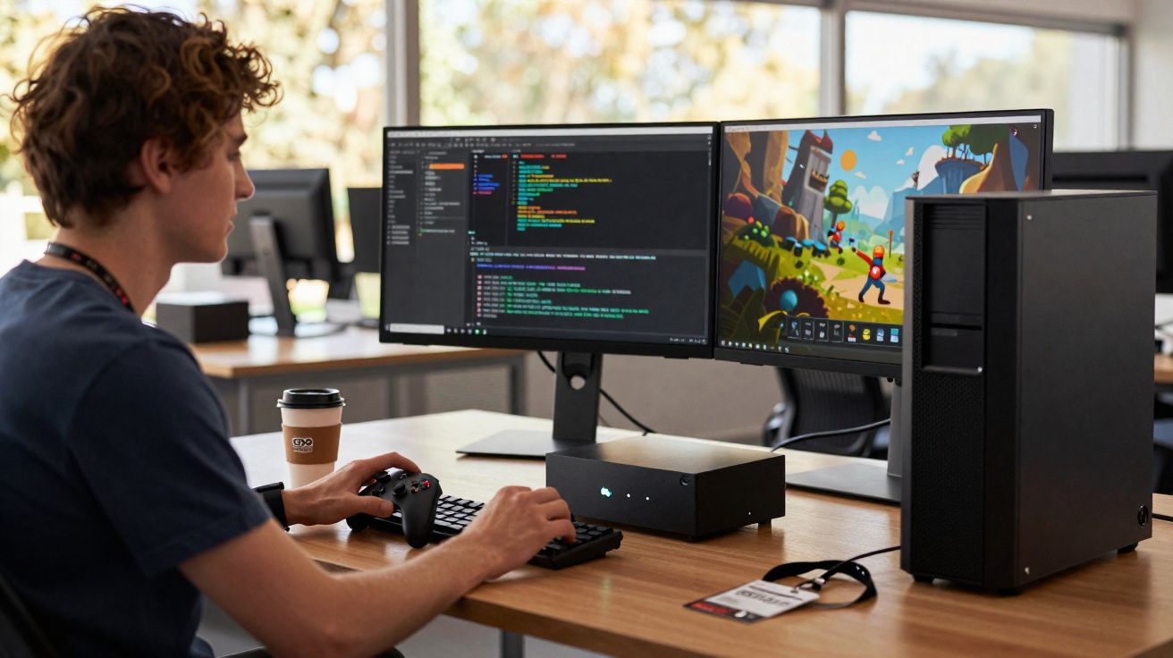 Pessoa a programar videojogos num computador com dois monitores num escritório moderno.