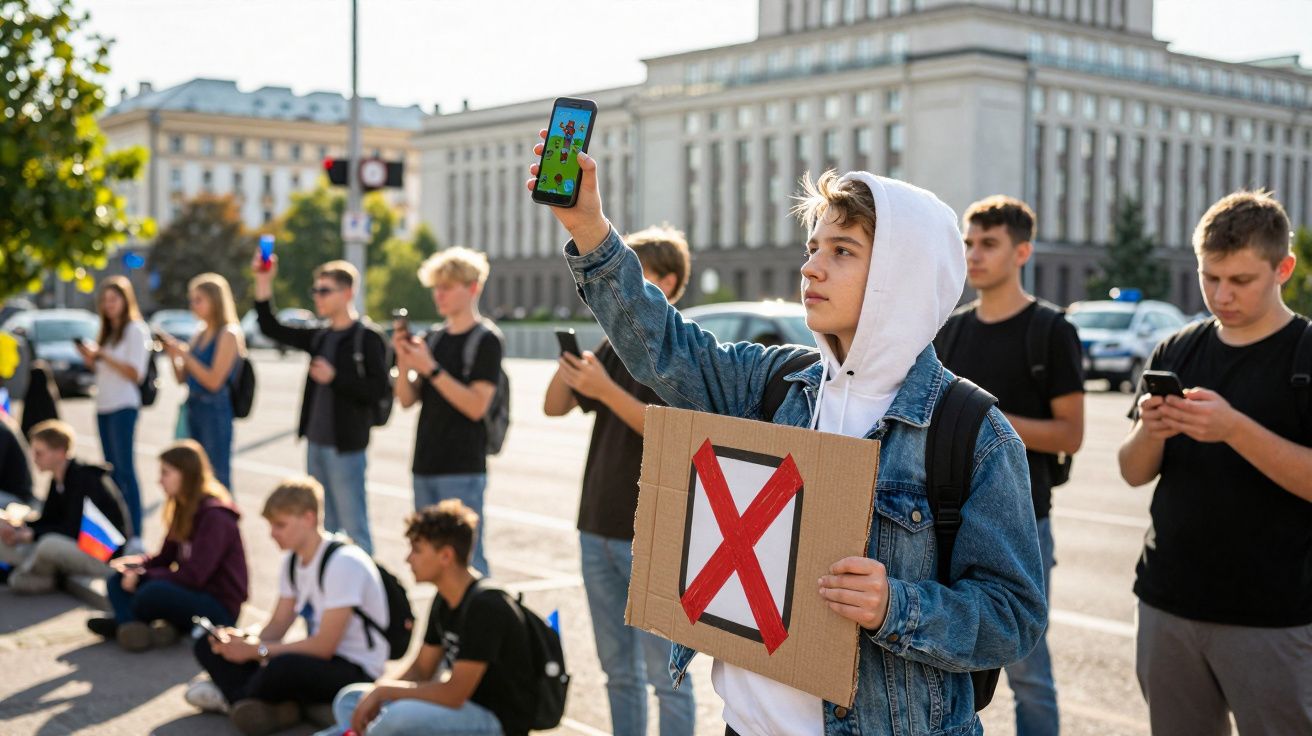 Jovem com placa de protesto segurando telemóvel num grupo de pessoas numa avenida urbana durante o dia.