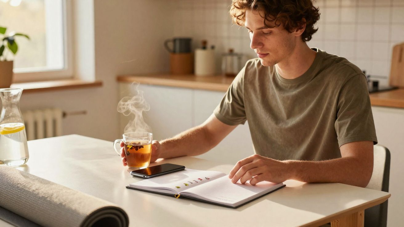 Jovem sentado à mesa, segurando chá quente e lendo um livro aberto numa cozinha iluminada.
