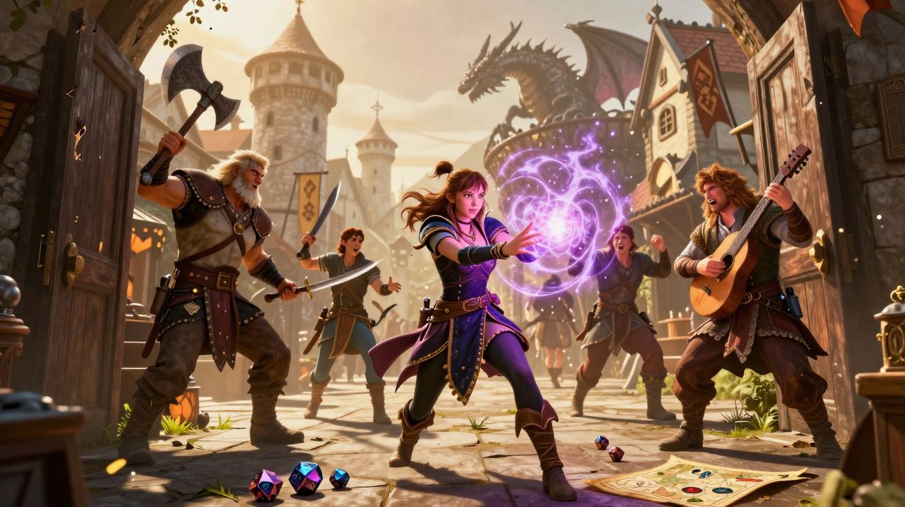 Grupo de aventureiros num cenário medieval com uma guerreira a conjurar magia e dragão ao fundo.