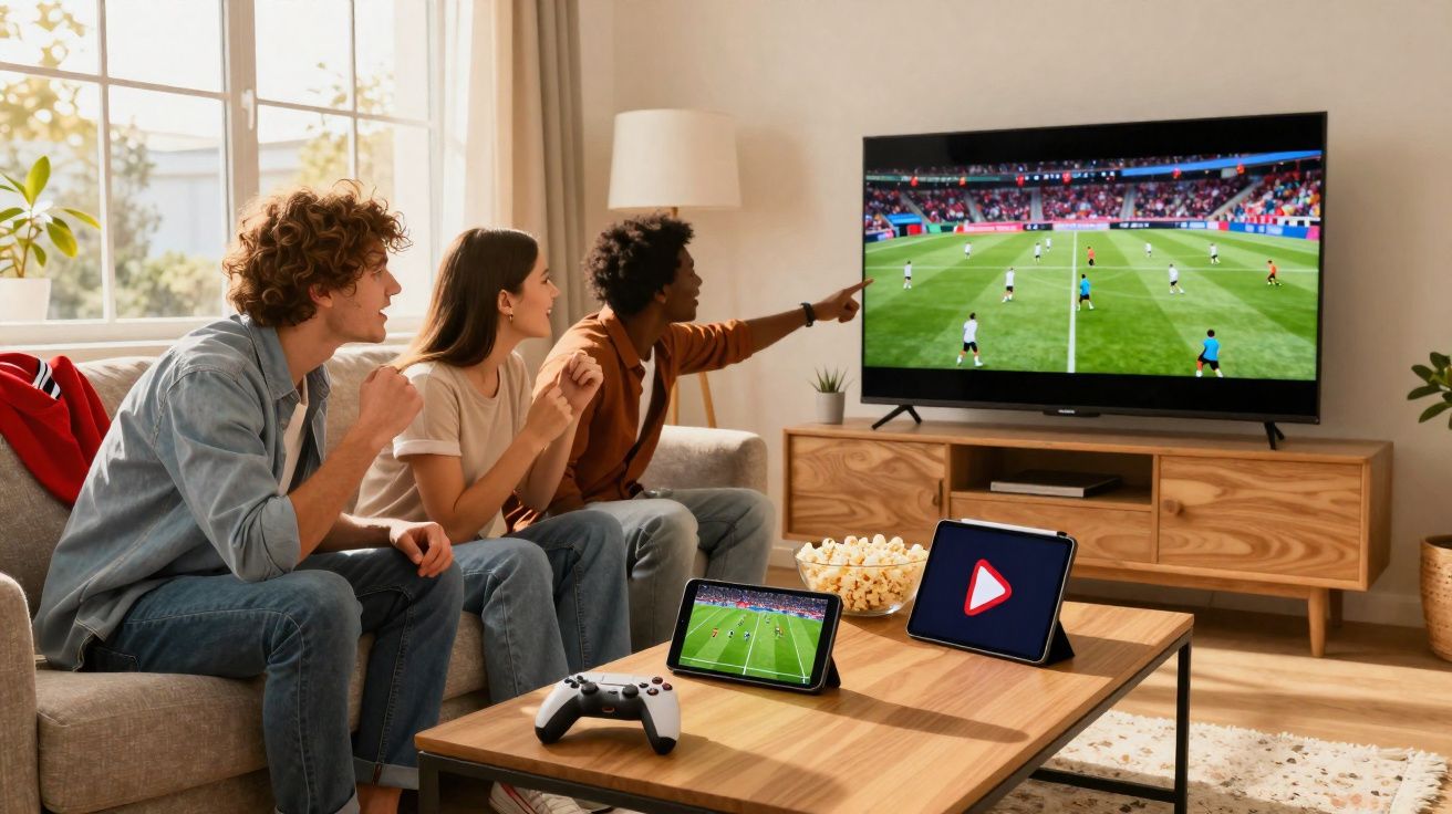 Três jovens entusiasmados a assistir a um jogo de futebol na televisão numa sala de estar moderna.