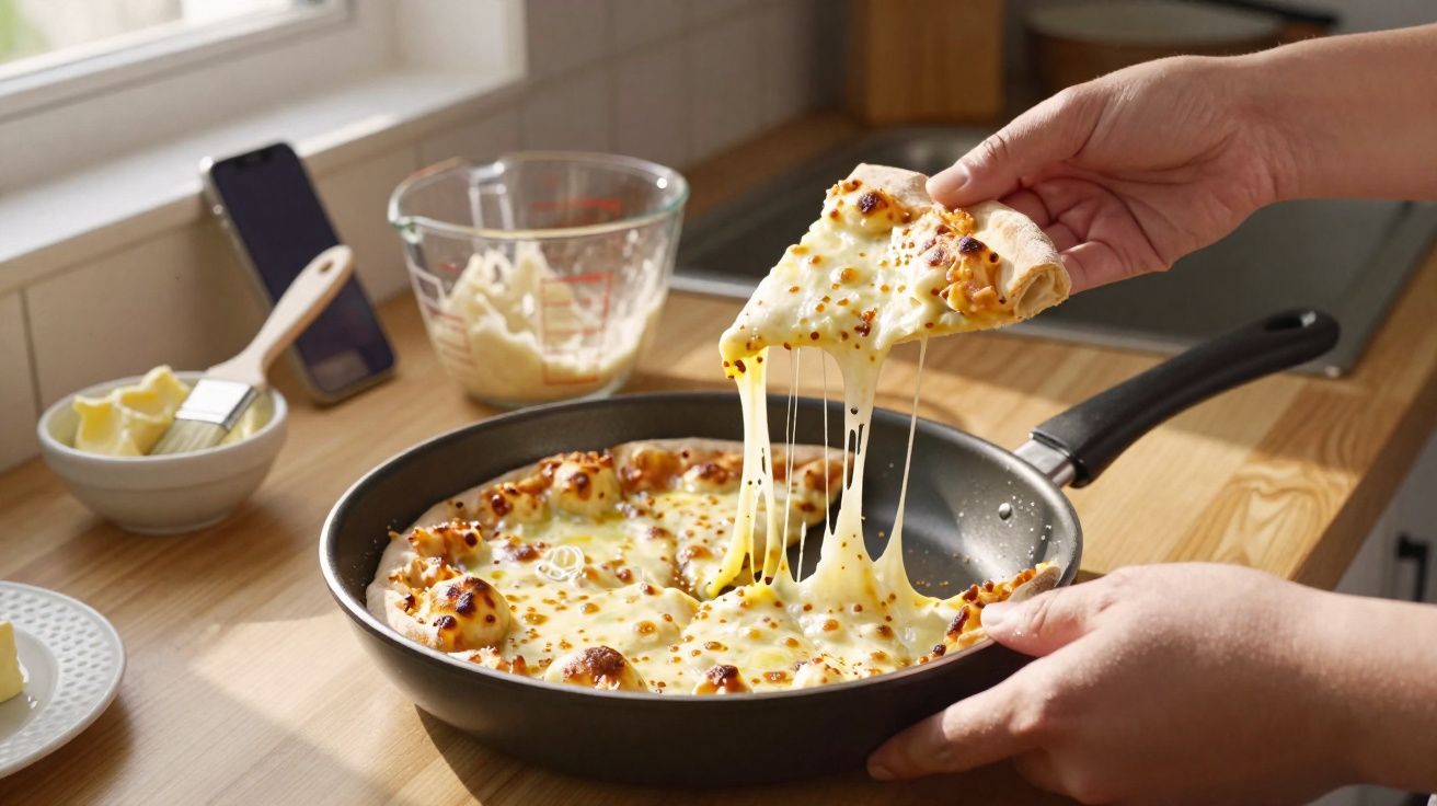 Pizza de queijo derretido a ser retirada de uma frigideira numa cozinha luminosa.