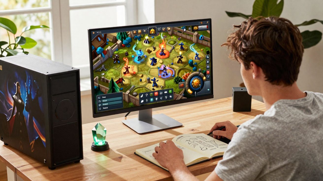 Jovem sentado a jogar videojogo de estratégia numa secretária com PC e caderno de desenhos ao lado.