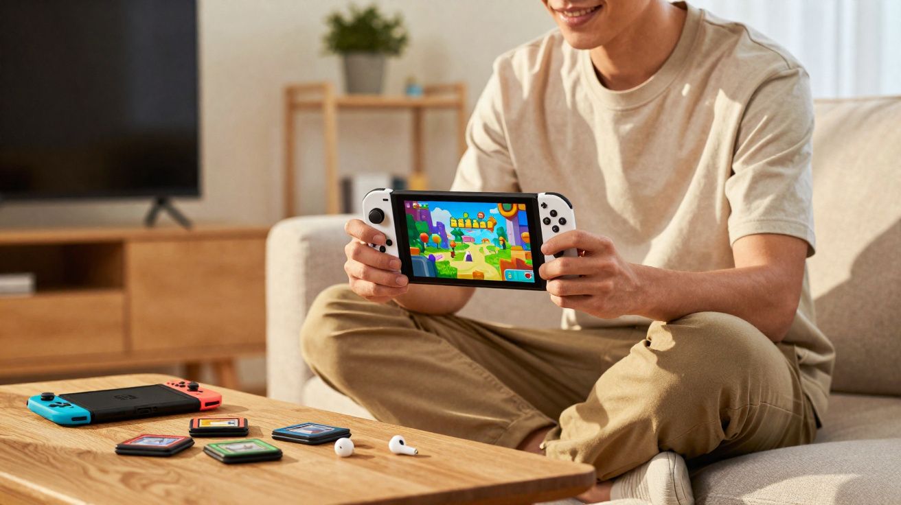 Pessoa sentada no sofá a jogar numa consola portátil, com vários jogos e auscultadores na mesa de madeira.