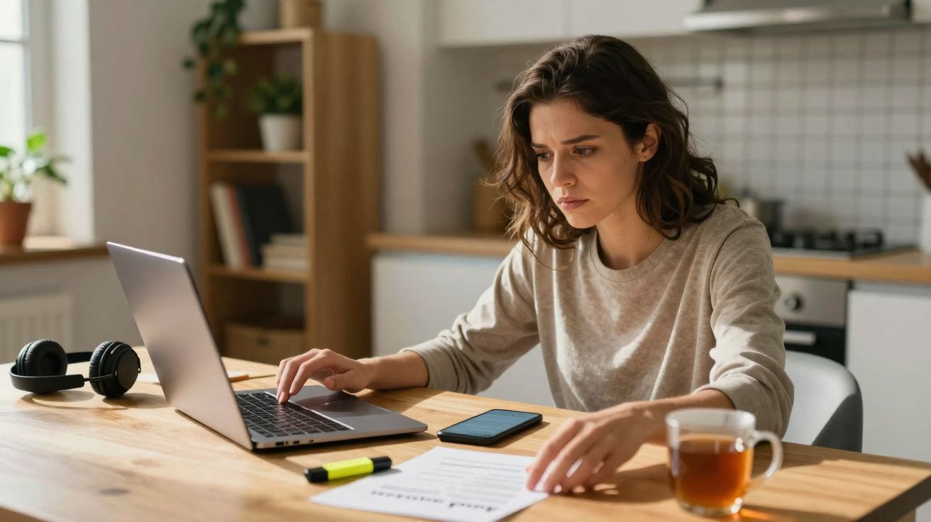 Mulher concentrada a trabalhar no portátil, com documentos e chá numa cozinha iluminada.