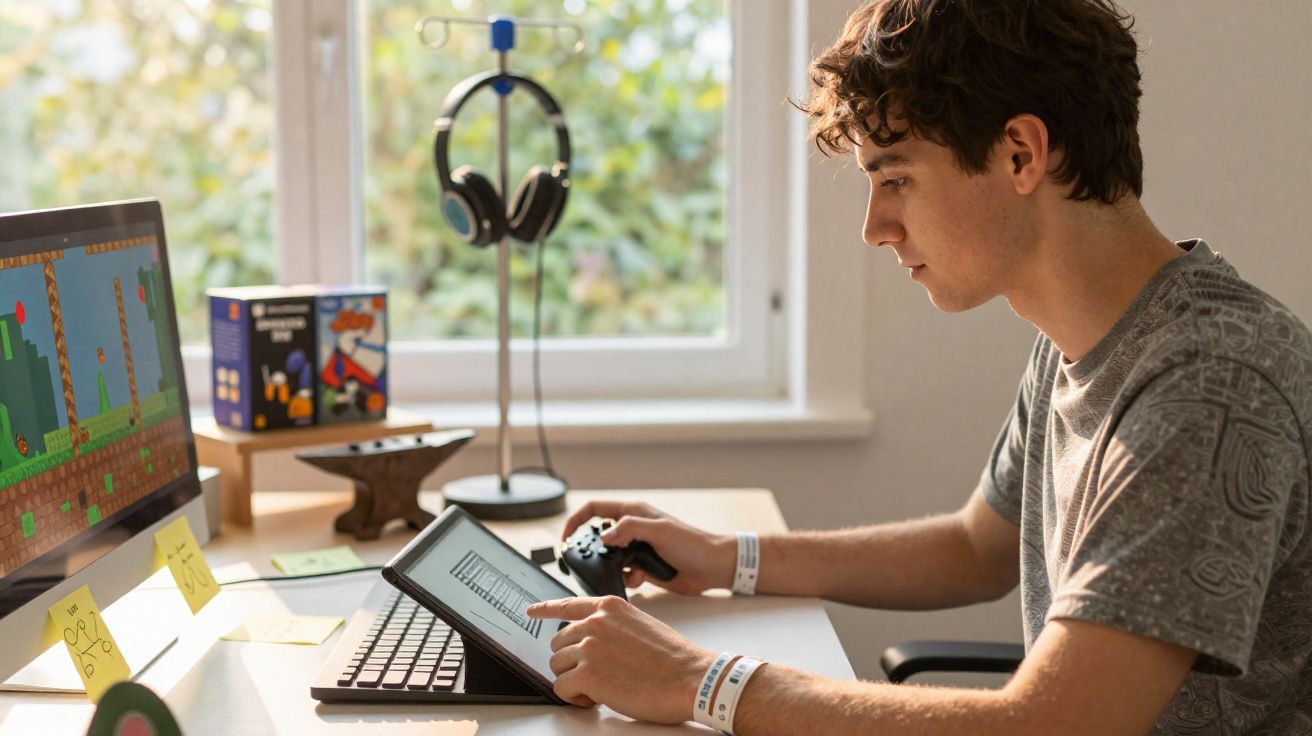 Jovem a jogar videojogos no computador e tablet numa mesa perto de uma janela com auscultadores pendurados.