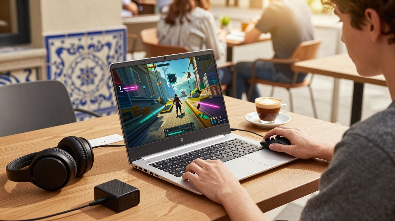 Pessoa a jogar videojogo num portátil num café, com auscultadores e café na mesa.