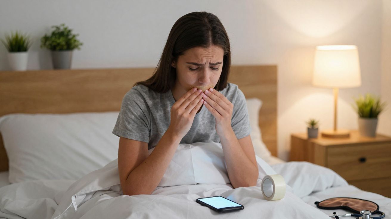 Mulher sentada na cama, com expressão preocupada, tapa a boca olhando para um telemóvel.