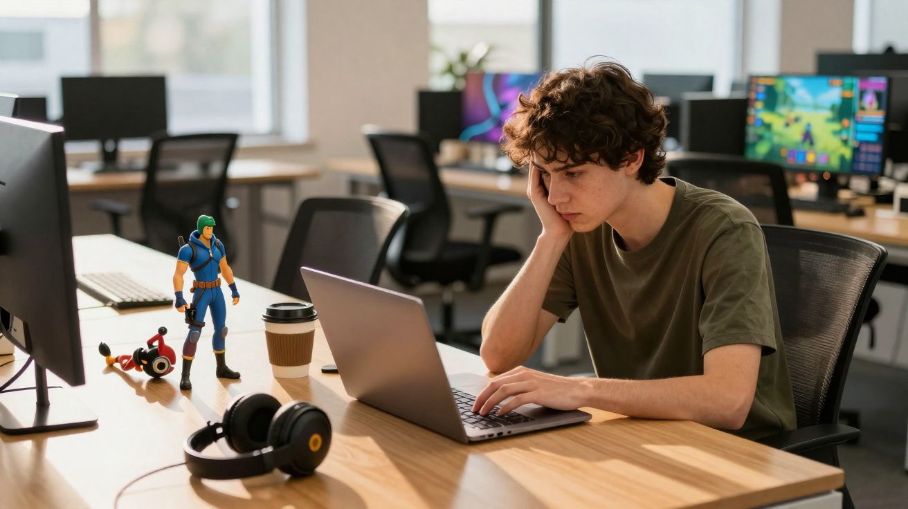 Jovem sentado numa secretária de escritório com computador portátil, figuras de ação e auscultadores.