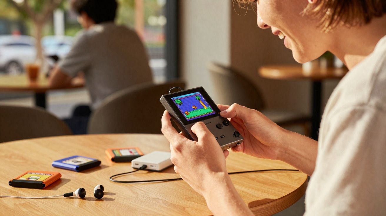 Pessoa a sorrir enquanto joga videojogo num dispositivo portátil numa mesa de madeira com cartuchos e auscultadores.