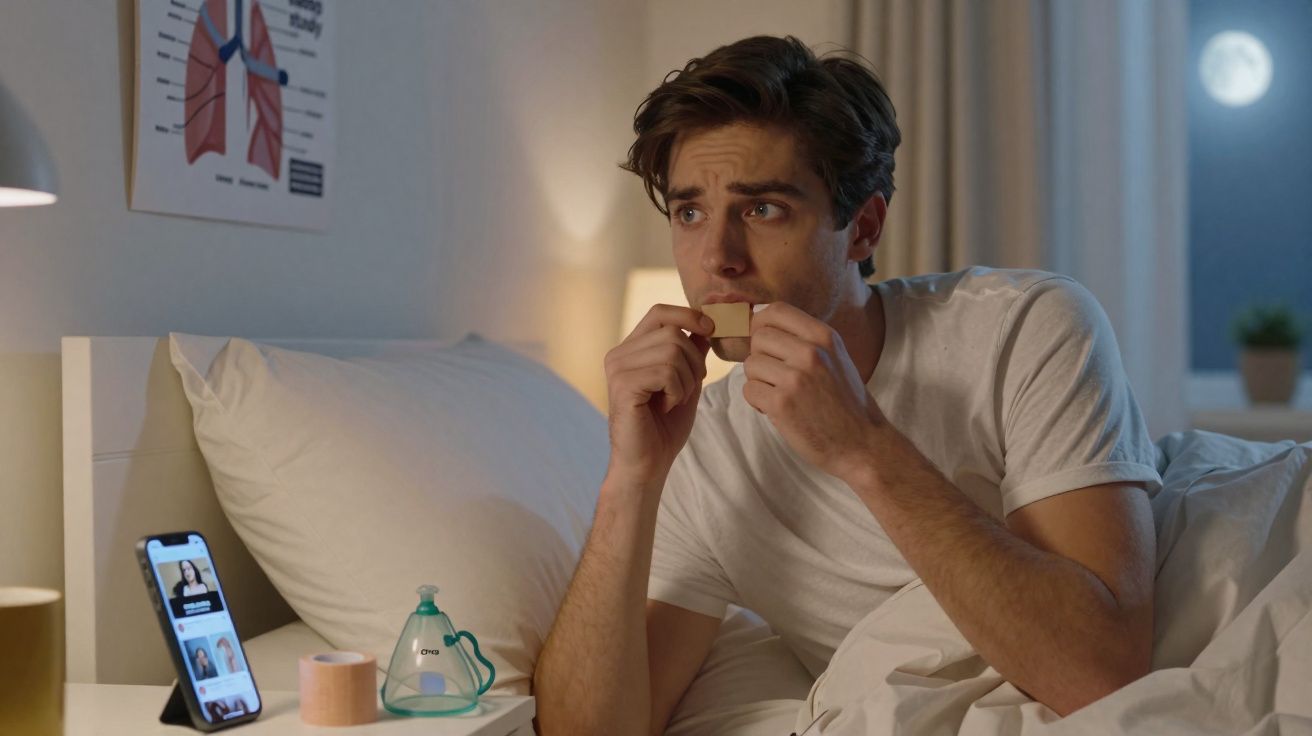 Homem preocupado a usar um dispositivo de treino respiratório enquanto assiste a consulta médica online no quarto à noite.