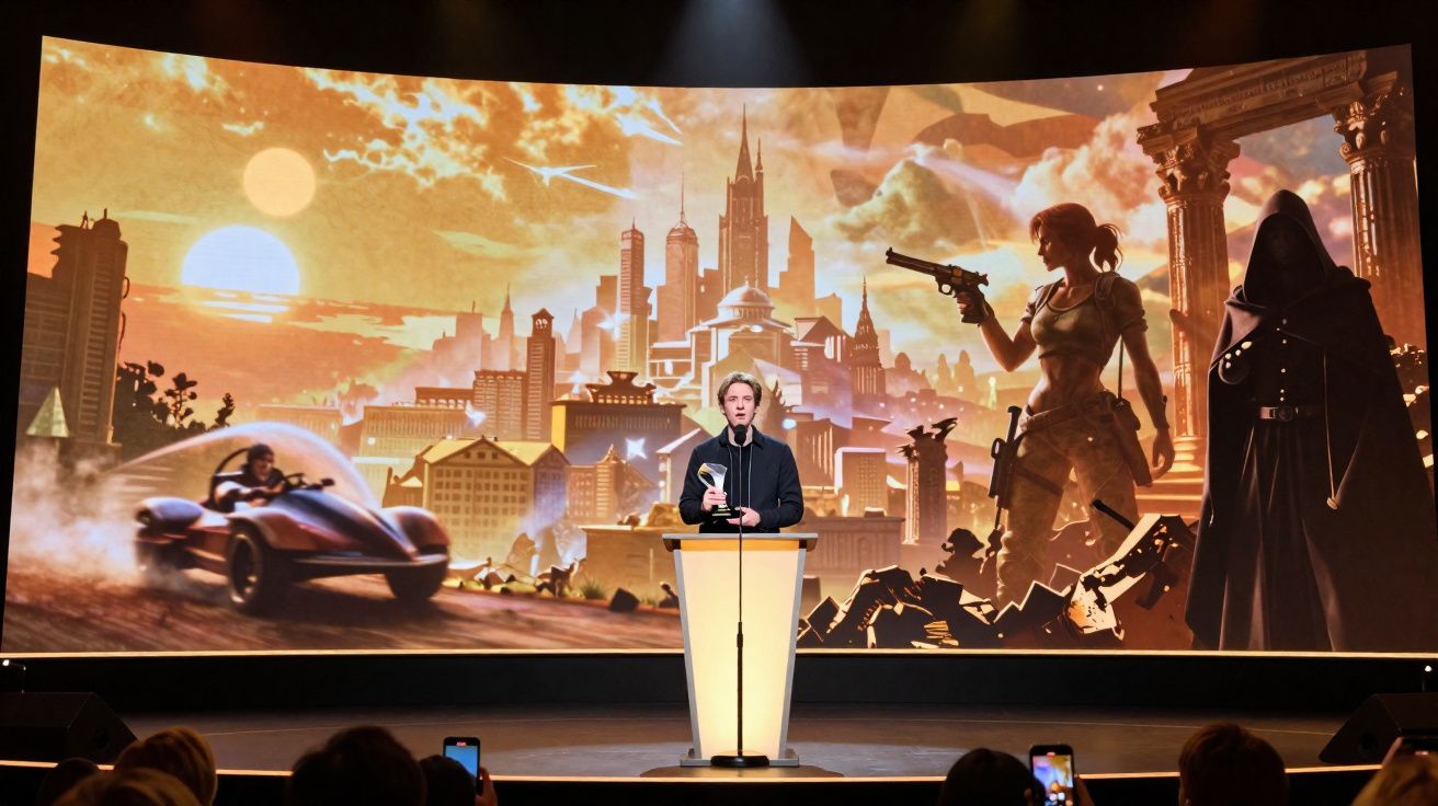 Pessoa a discursar num evento com imagem de cidade futurista e personagens de videojogo em fundo.